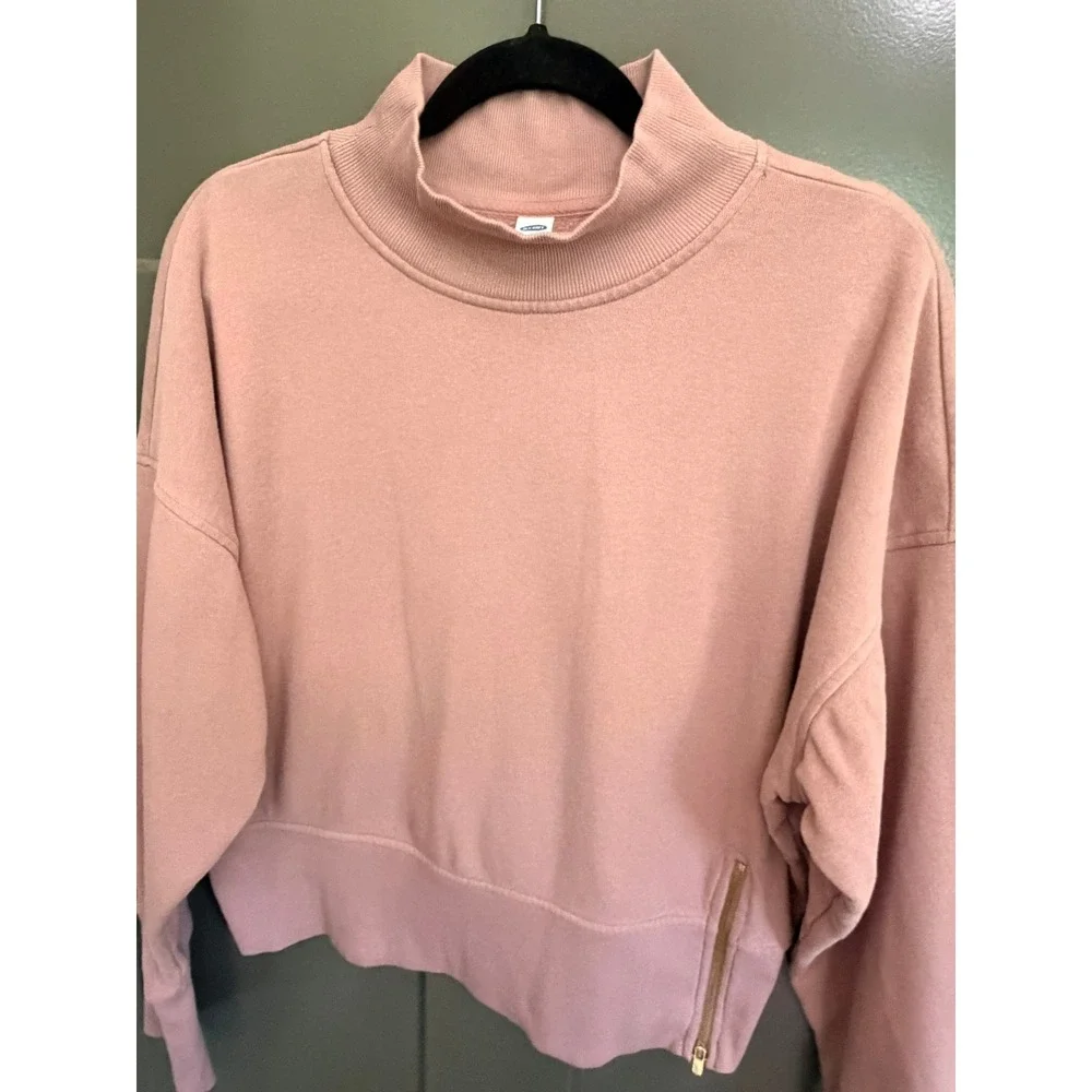 Old Navy Womens Mock Neck Side Zip Sweatshirt Dusty Rose Pink Fleece Pullover L